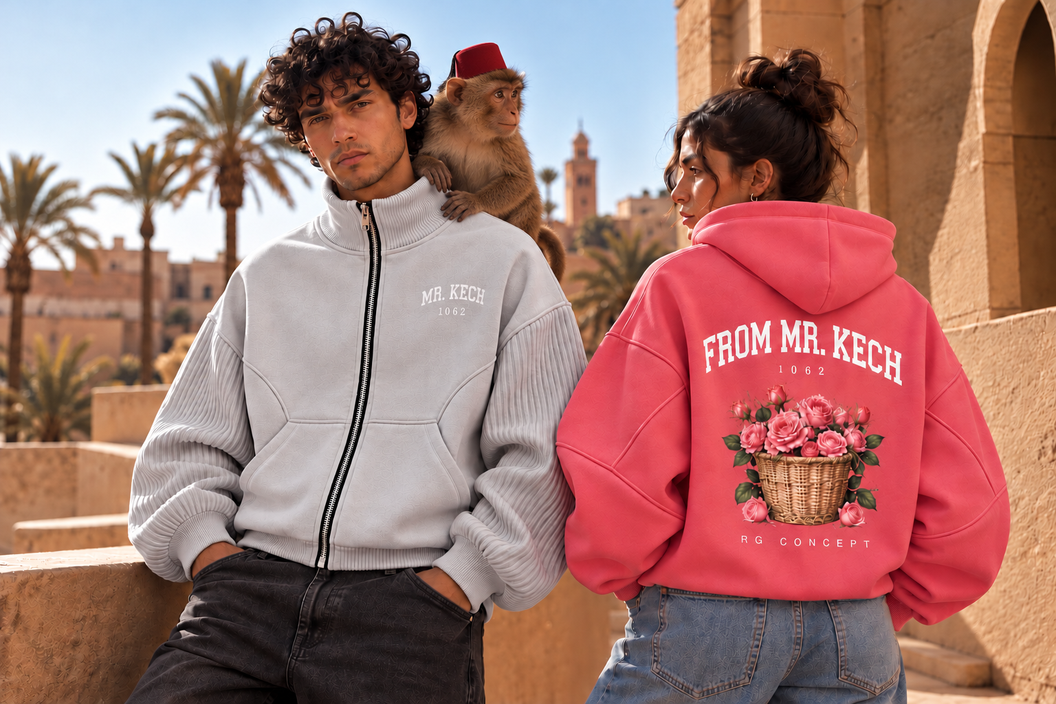 À Marrakech, un homme en veste ZIP gris clair avec un singe sur l’épaule et une femme en hoodie rose de dos, avec le panier de roses visible.